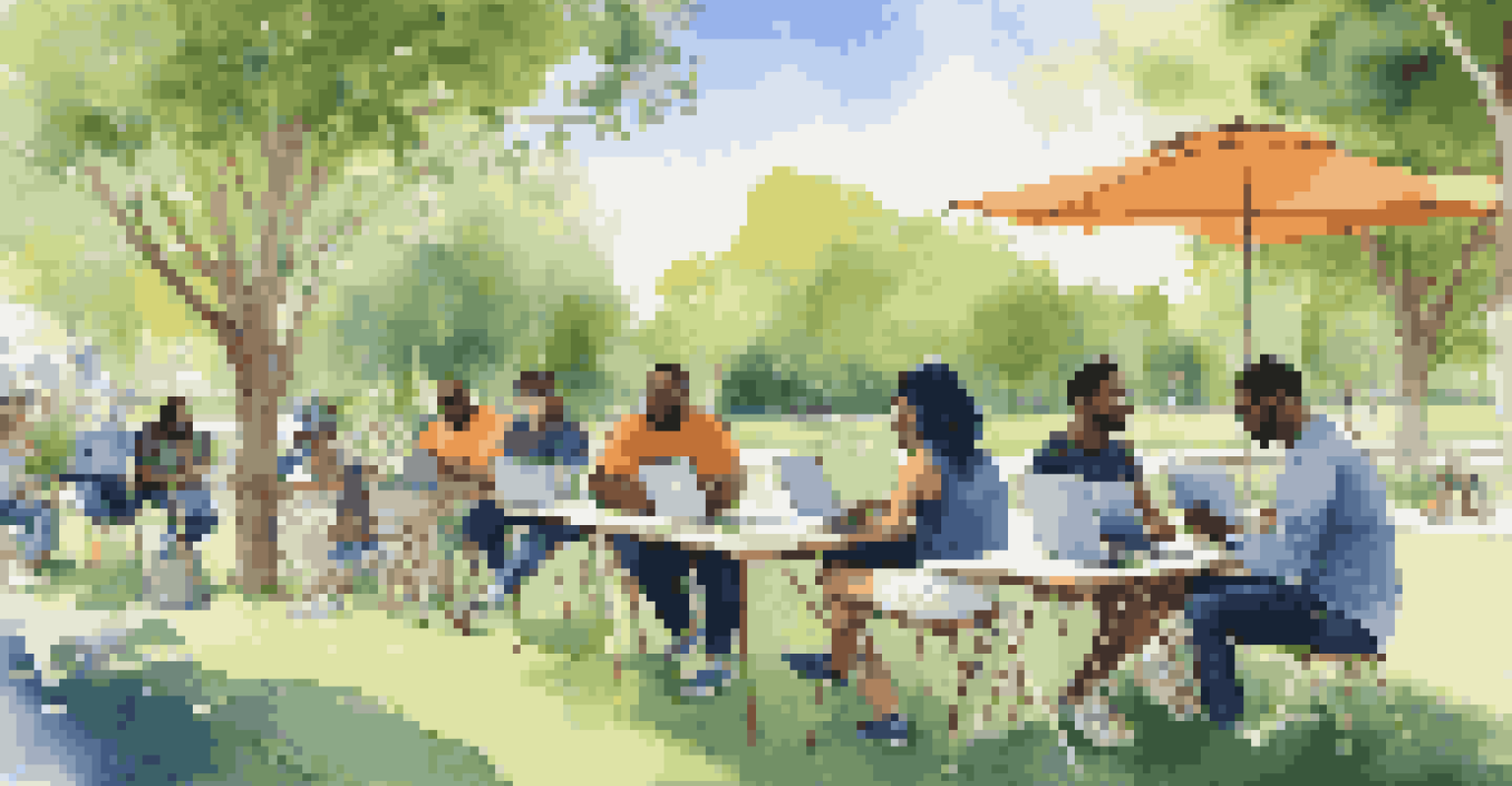 A diverse group of freelancers working in a sunny park, using laptops and smart devices surrounded by greenery.
