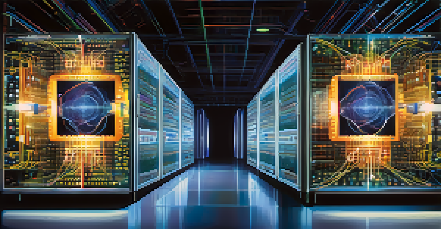An illustration contrasting quantum computing and supercomputing, featuring a quantum computer with qubits and a supercomputer with processors, set against a gradient background.