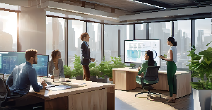 A diverse group of professionals in a bright office collaborating during a meeting, with digital screens and city views.