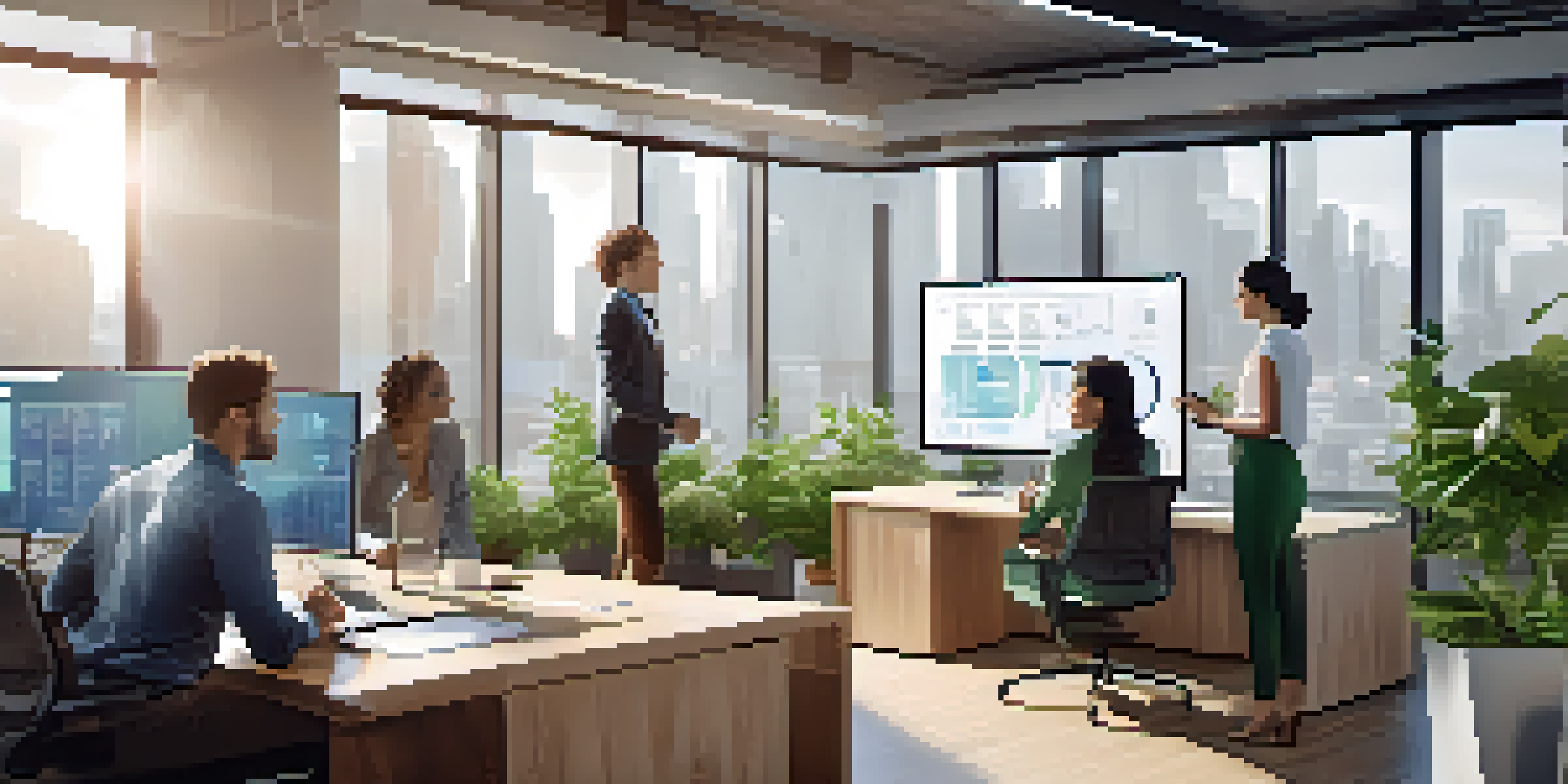 A diverse group of professionals in a bright office collaborating during a meeting, with digital screens and city views.