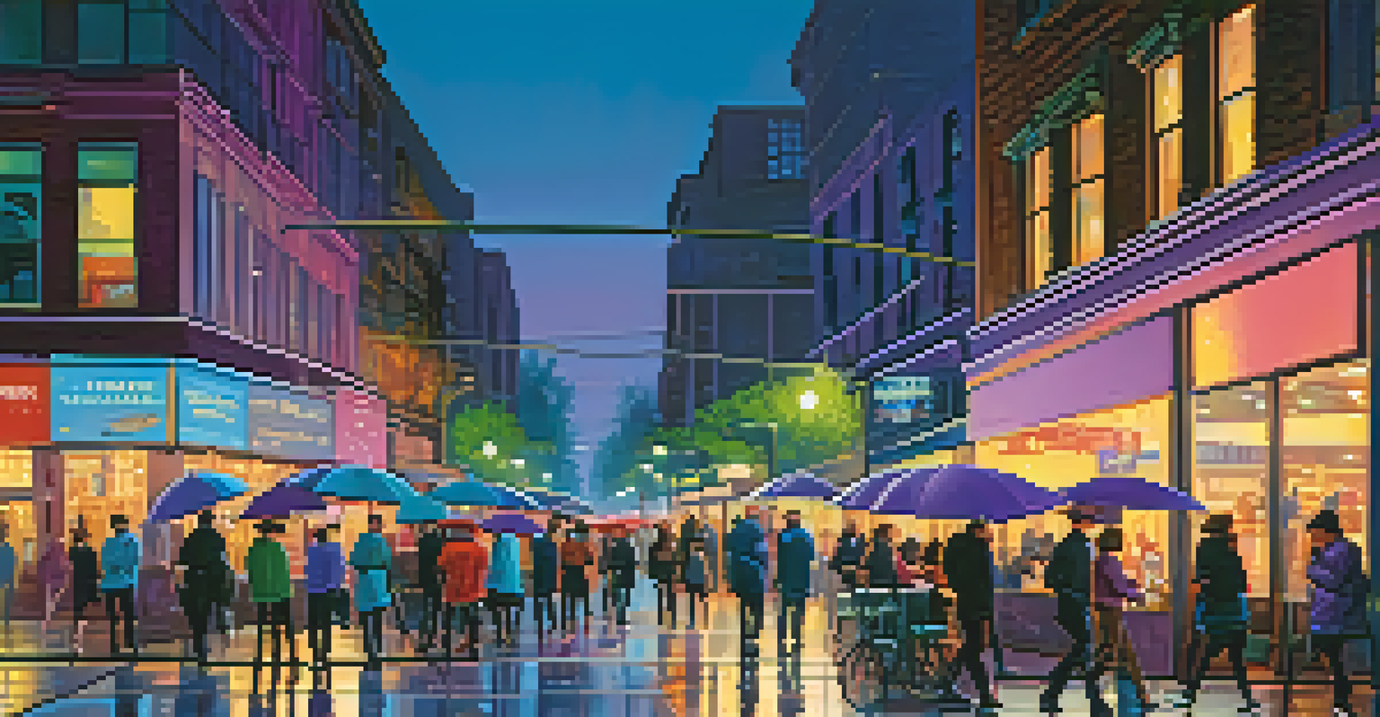 A lively city street at dusk with neon signs and people walking under umbrellas.