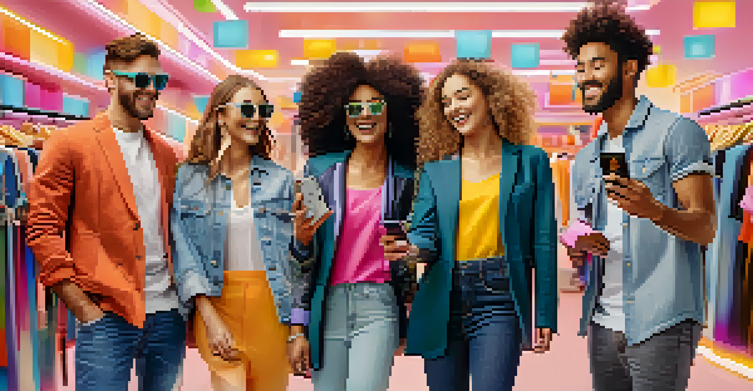Friends enjoying augmented reality to try on virtual outfits in a retail store.