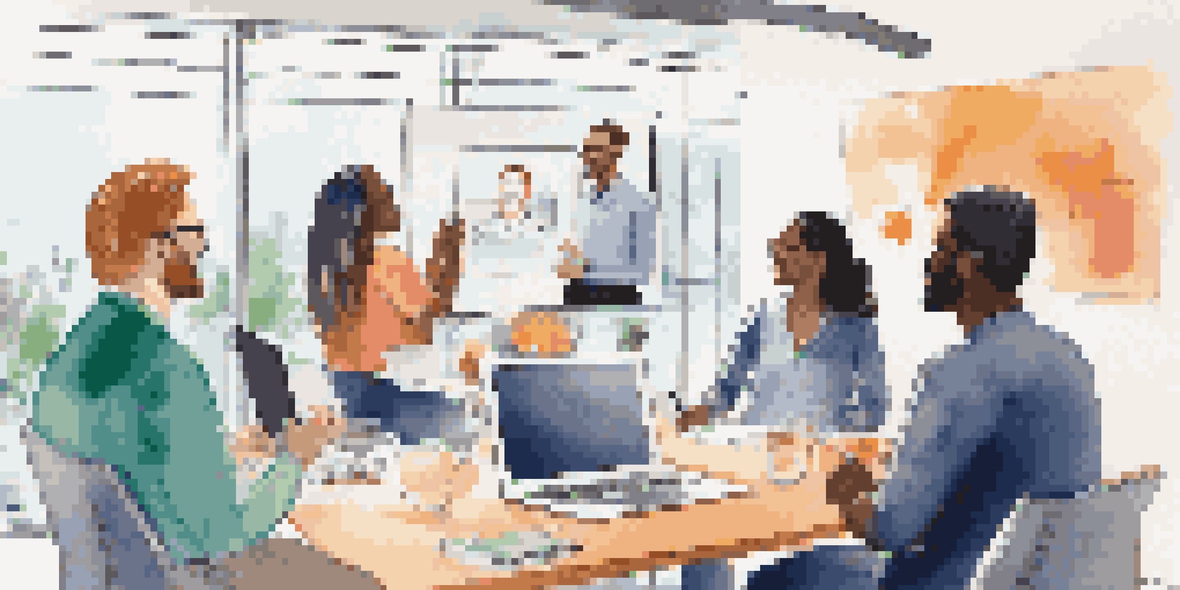 A diverse group of professionals participating in a virtual meeting, smiling and interacting through a video call, with a large screen displaying notes in a modern home office.