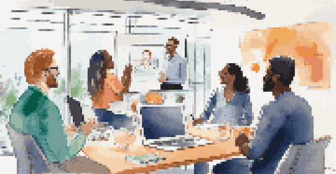 A diverse group of professionals participating in a virtual meeting, smiling and interacting through a video call, with a large screen displaying notes in a modern home office.