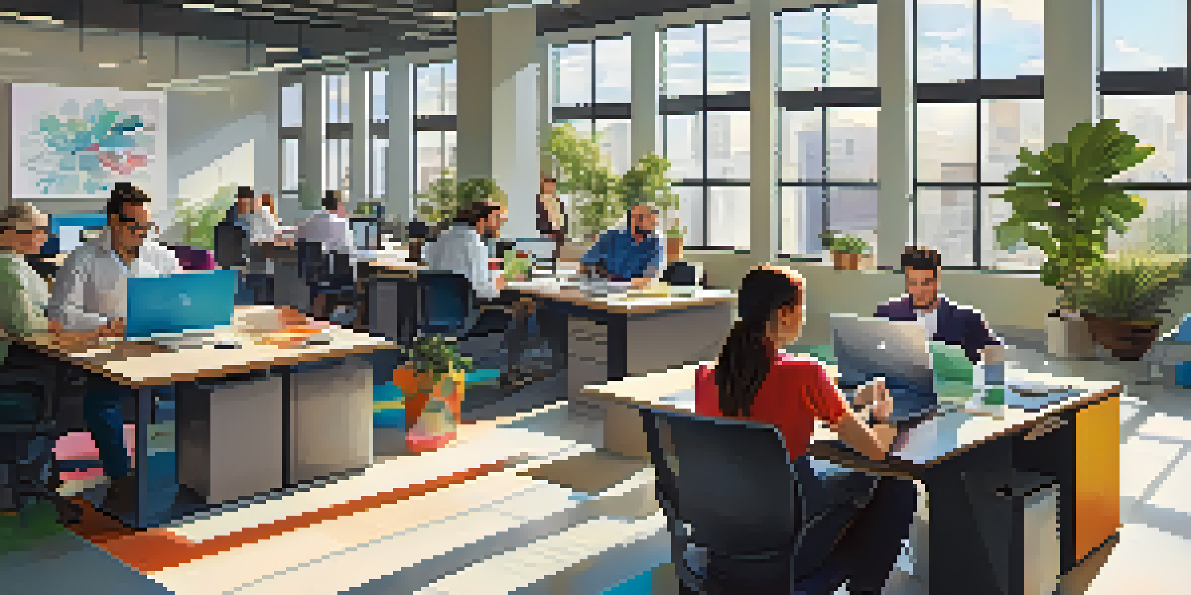 A bright and modern office environment where team members are working together at a large table with laptops and documents, surrounded by plants and artwork.