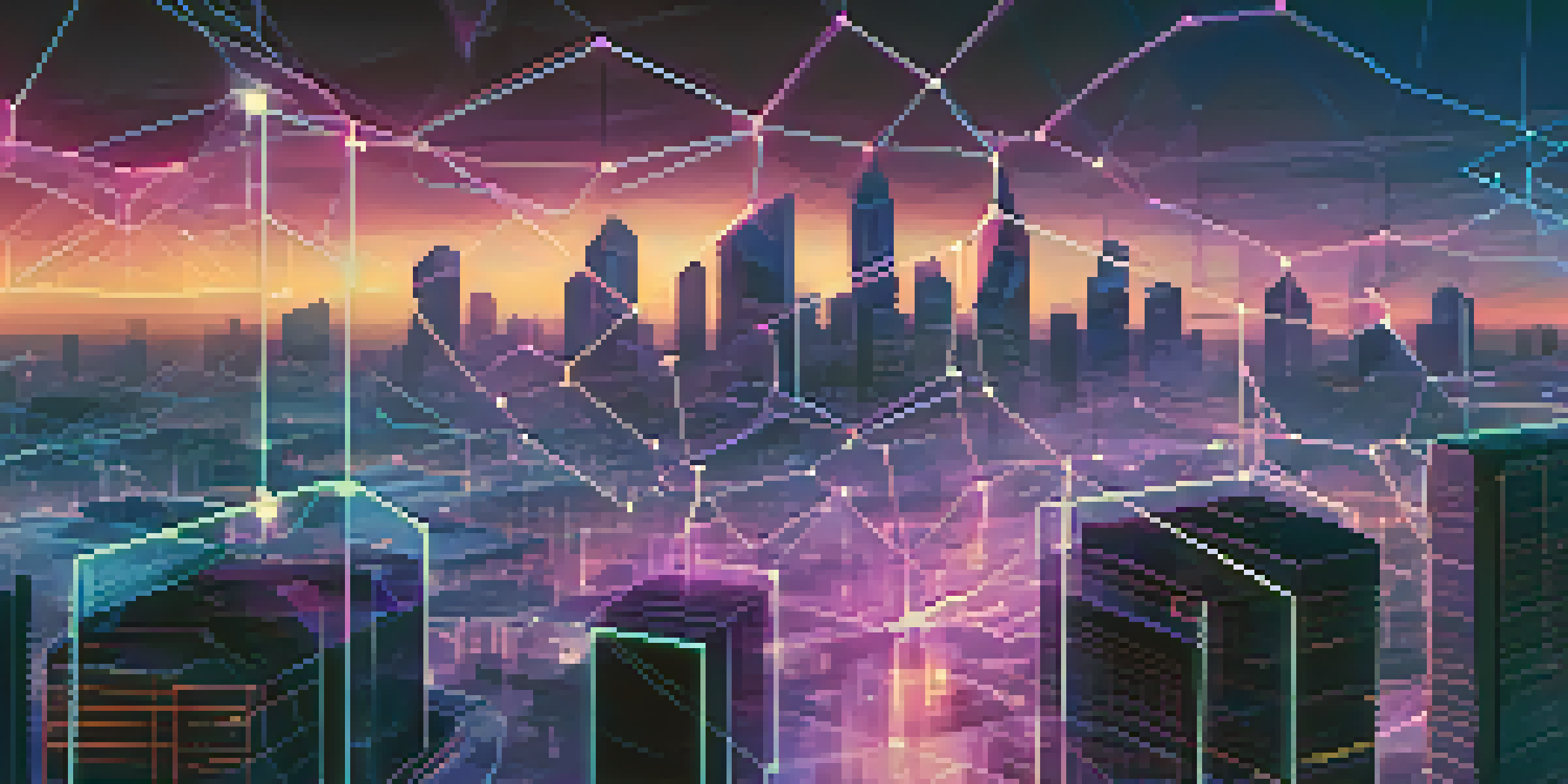 A digital representation of a blockchain network with interconnected blocks above a futuristic city skyline during dusk.