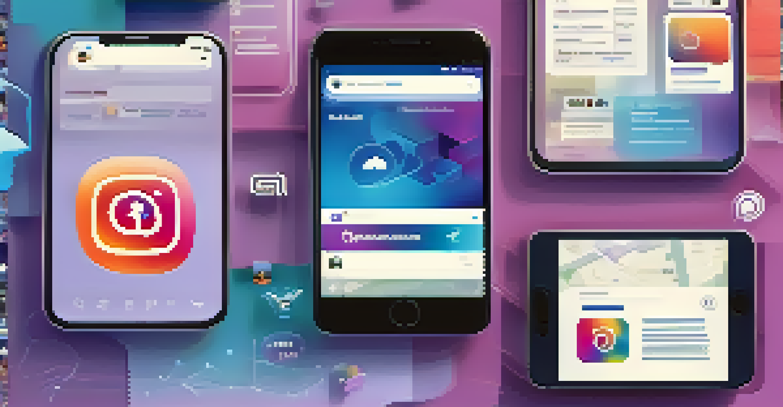 A collage of social media ad formats on devices, featuring carousel ads and video ads, set against a gradient blue and purple background.