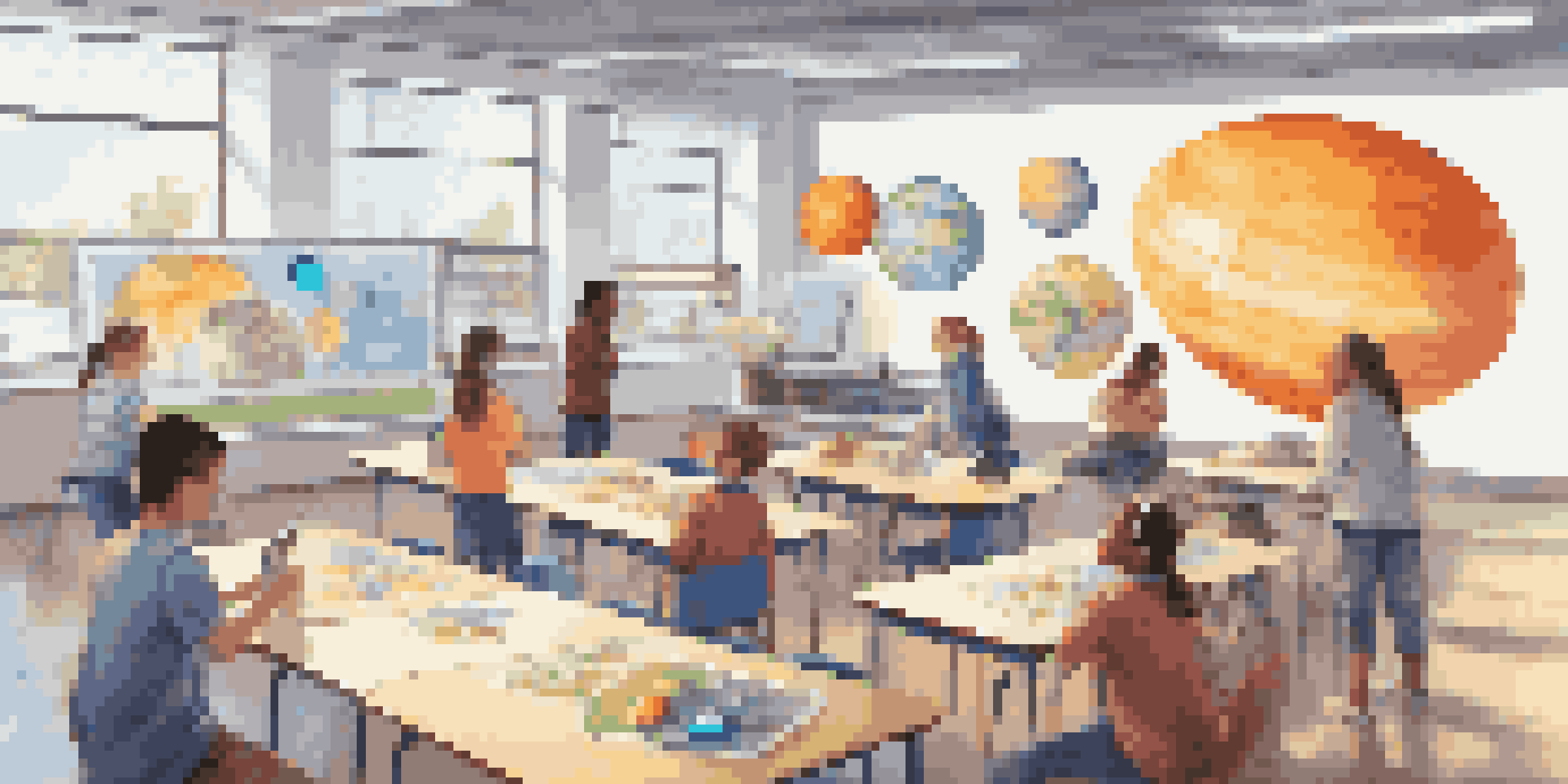 Students in a bright classroom using Augmented Reality technology to collaborate on a project involving 3D models of the solar system.