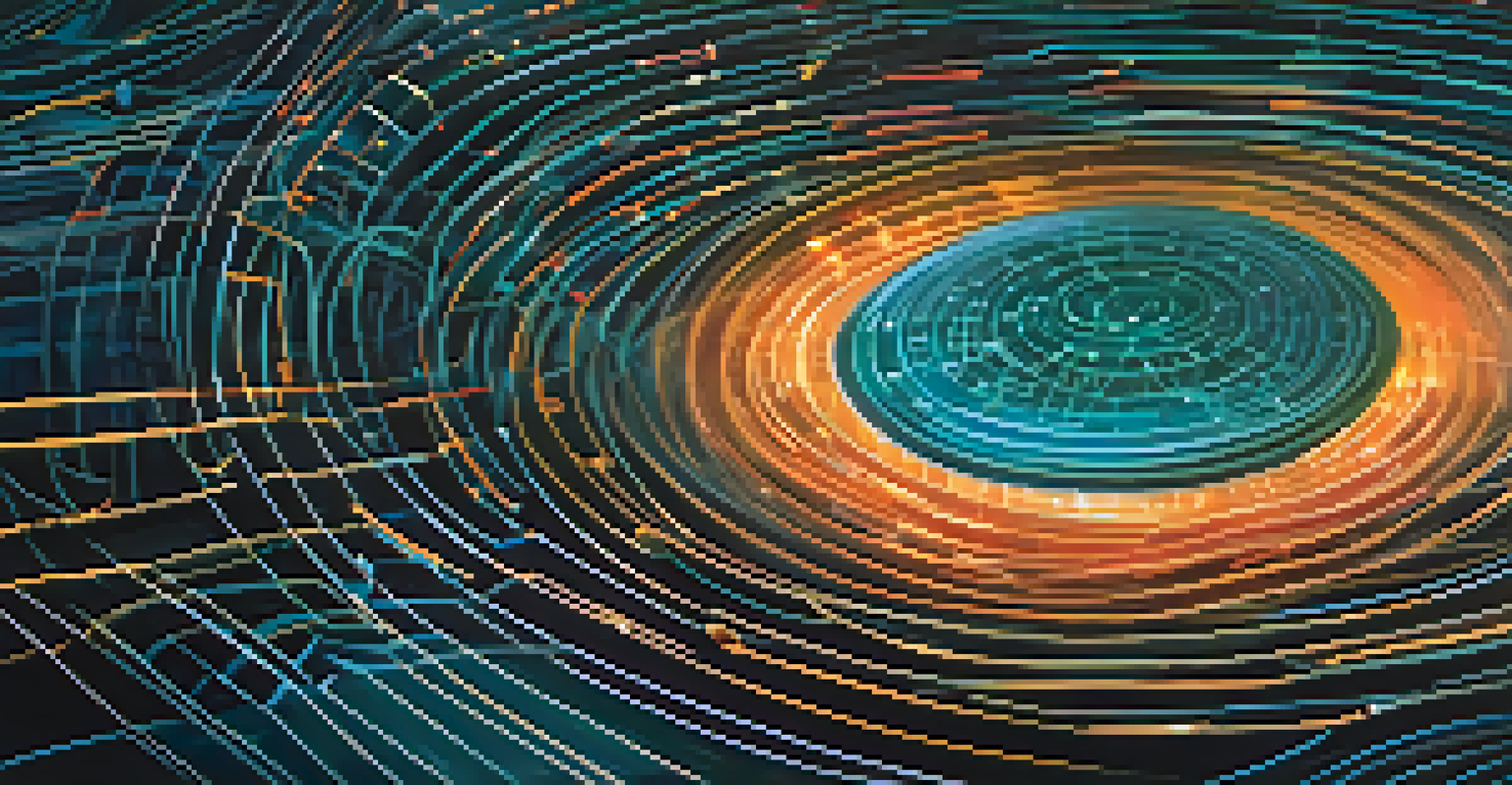 An abstract illustration of quantum particles swirling in vibrant colors on a dark background.