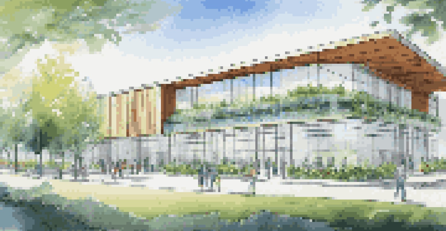 A smart building with solar panels and adaptive lighting against a clear sky.