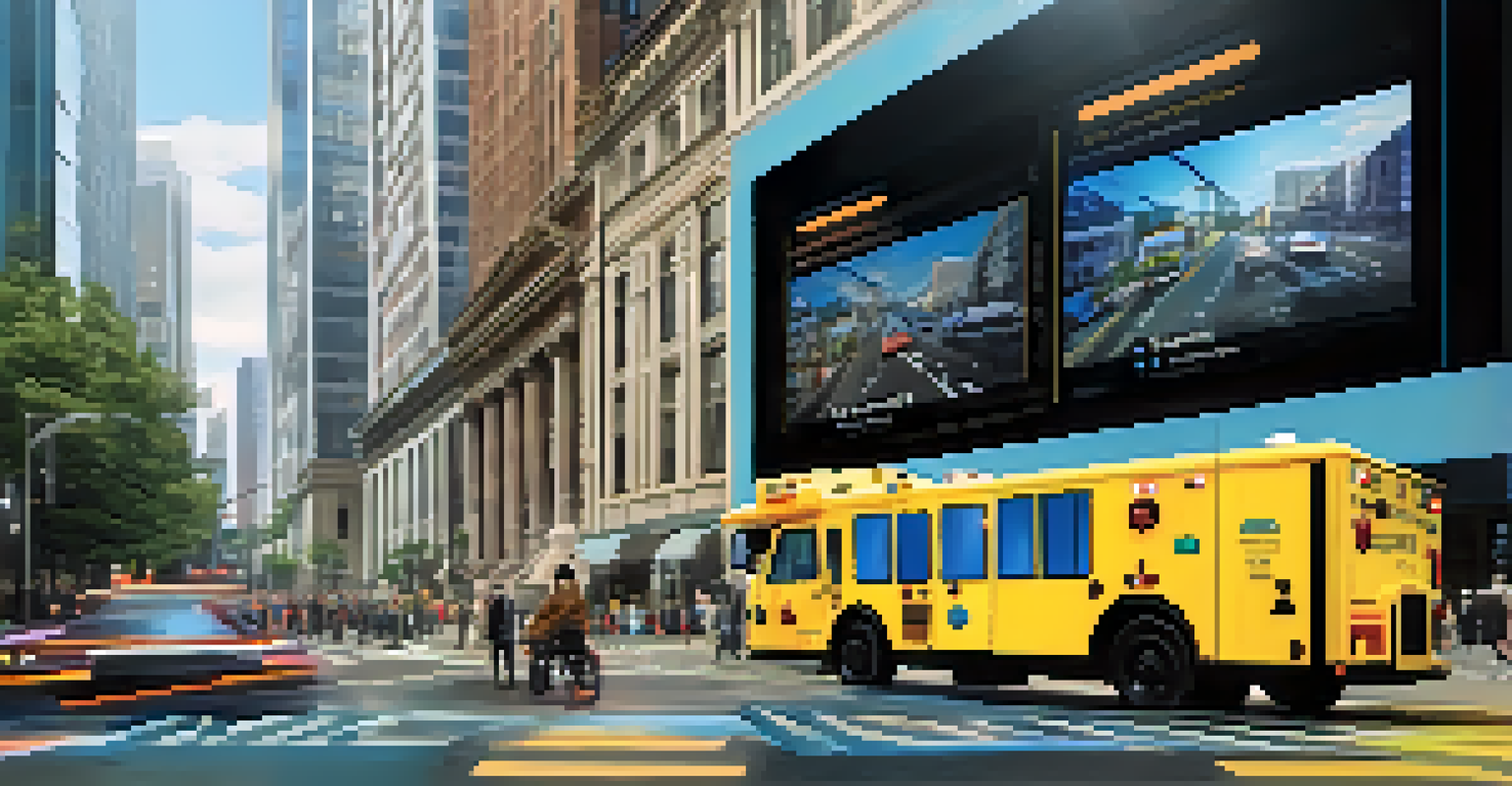 A close-up of a smart camera on a building capturing live street footage, with people and emergency vehicles in the background.