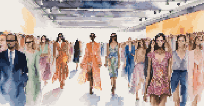 A lively fashion runway with diverse models displaying colorful clothes, surrounded by an engaged audience and dramatic lighting.