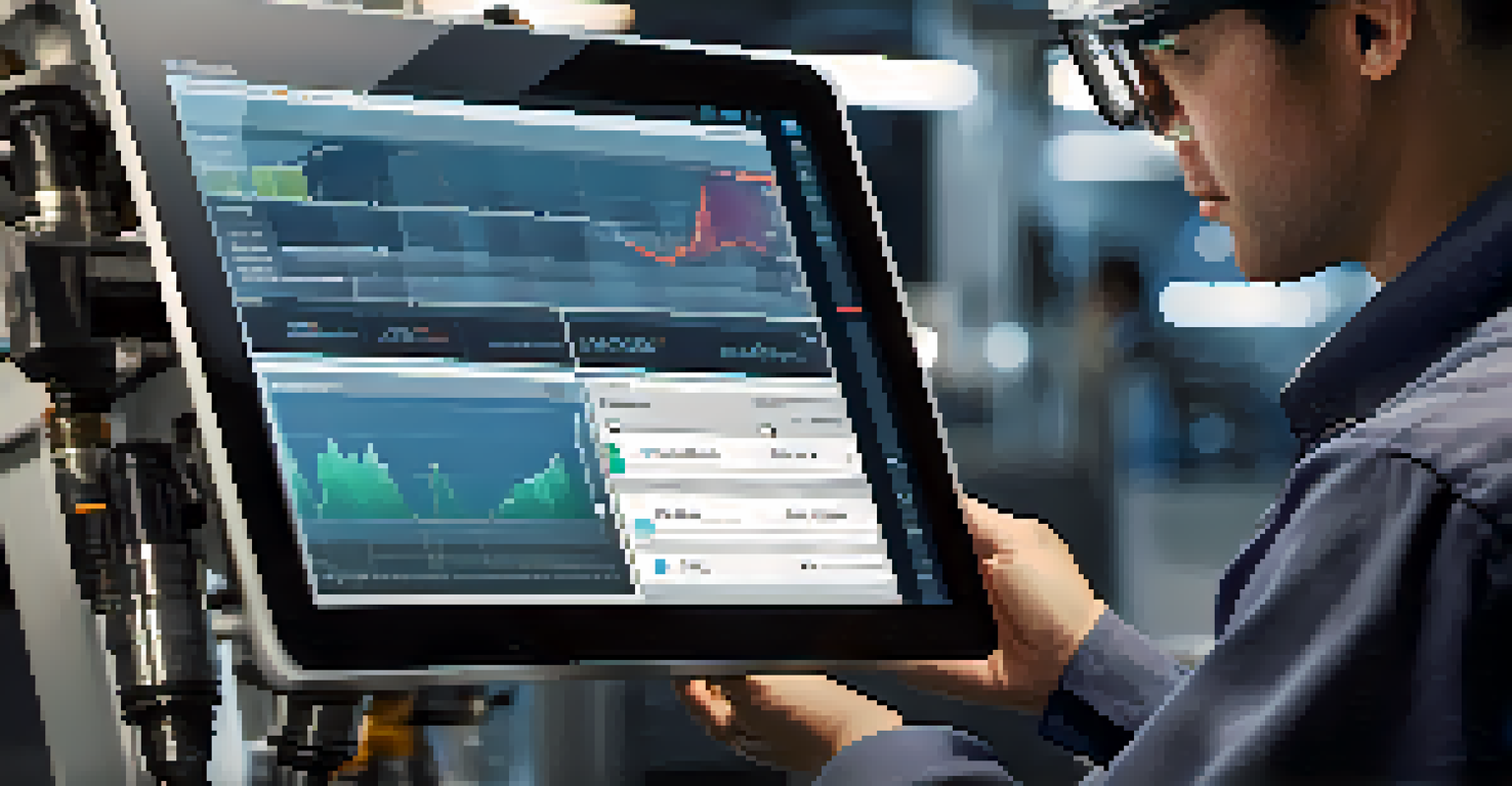 A technician inspecting a machine component with a tablet displaying real-time data analytics, emphasizing focus and technology.