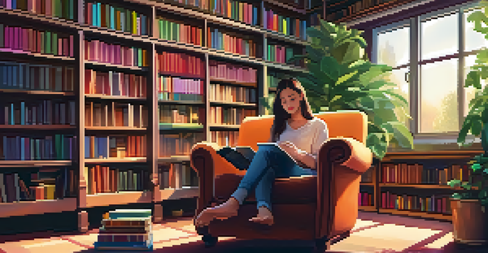 A cozy library with colorful books and a person reading an eBook on a tablet, surrounded by plants and warm lighting.