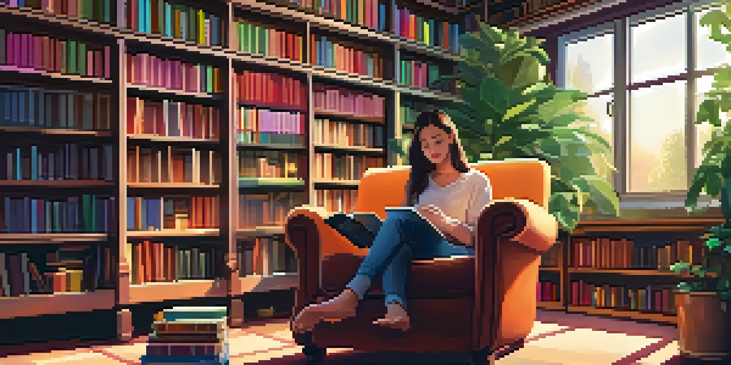 A cozy library with colorful books and a person reading an eBook on a tablet, surrounded by plants and warm lighting.