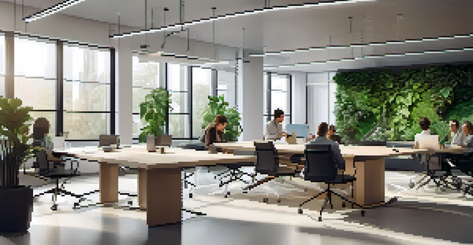 A diverse team of professionals collaborating in a modern office space with a large window, discussing ideas around a conference table and a digital screen.