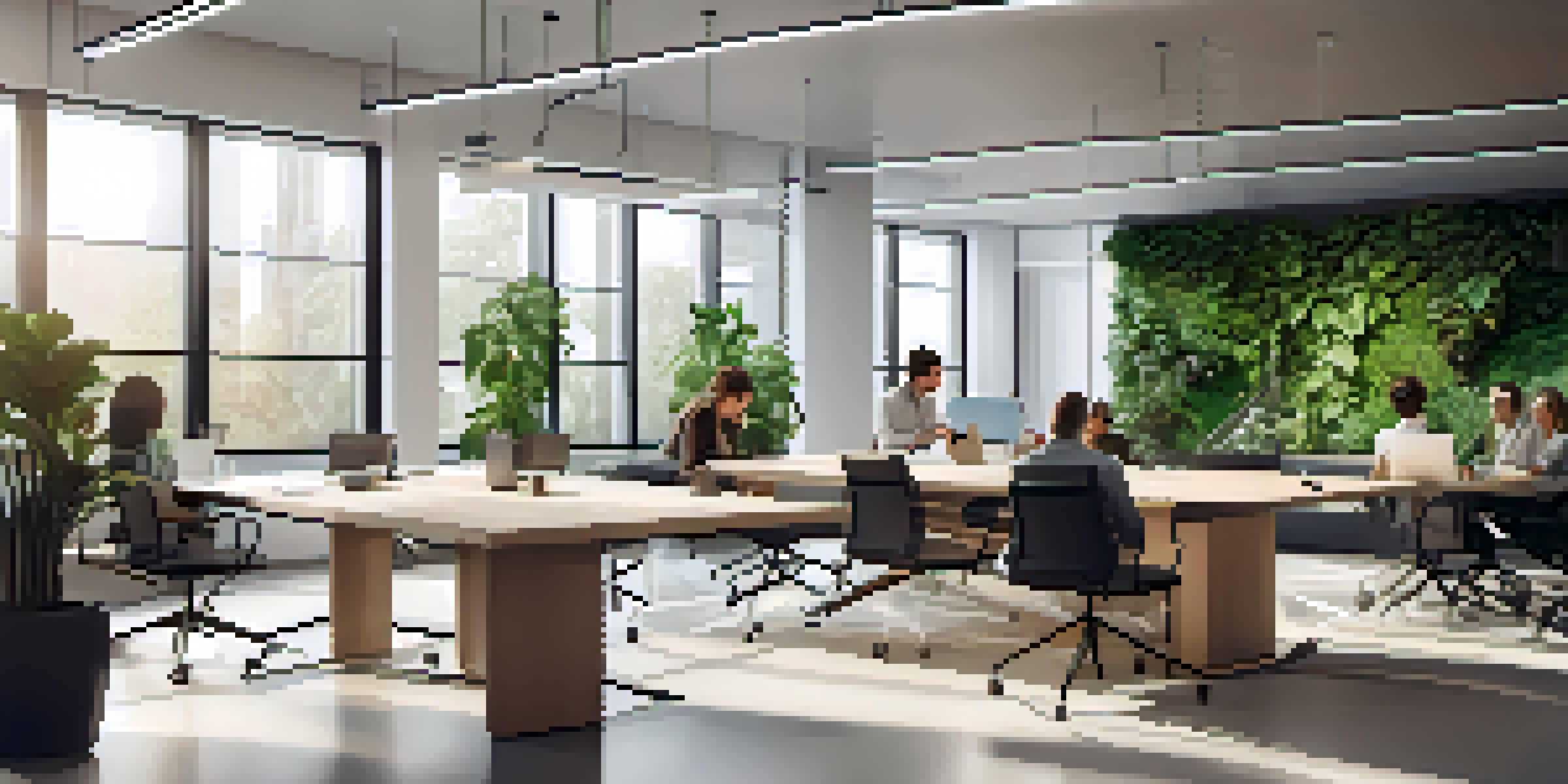 A diverse team of professionals collaborating in a modern office space with a large window, discussing ideas around a conference table and a digital screen.