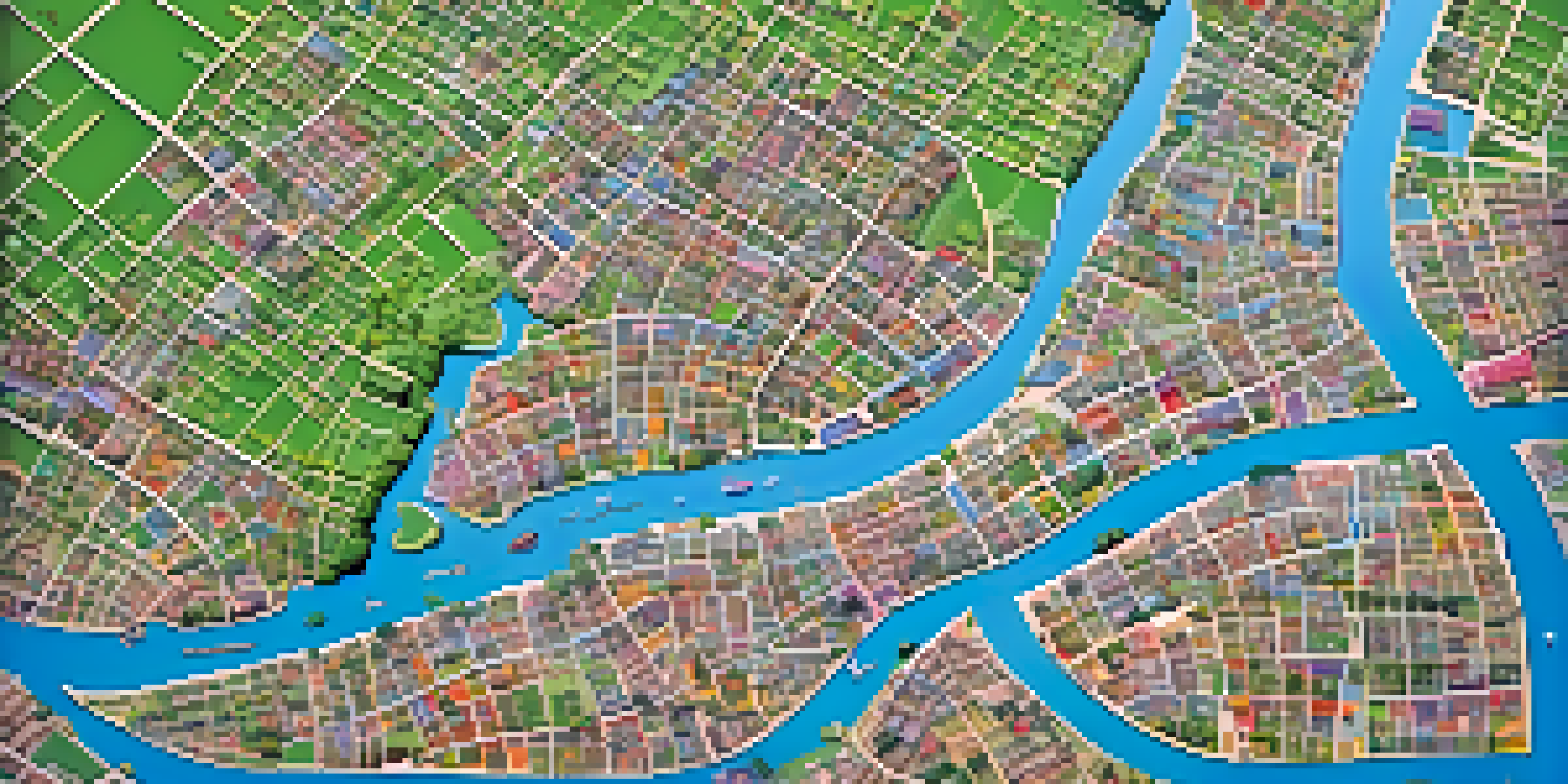A landscape map visualizing city population density data with colorful overlays on a clear sky background.