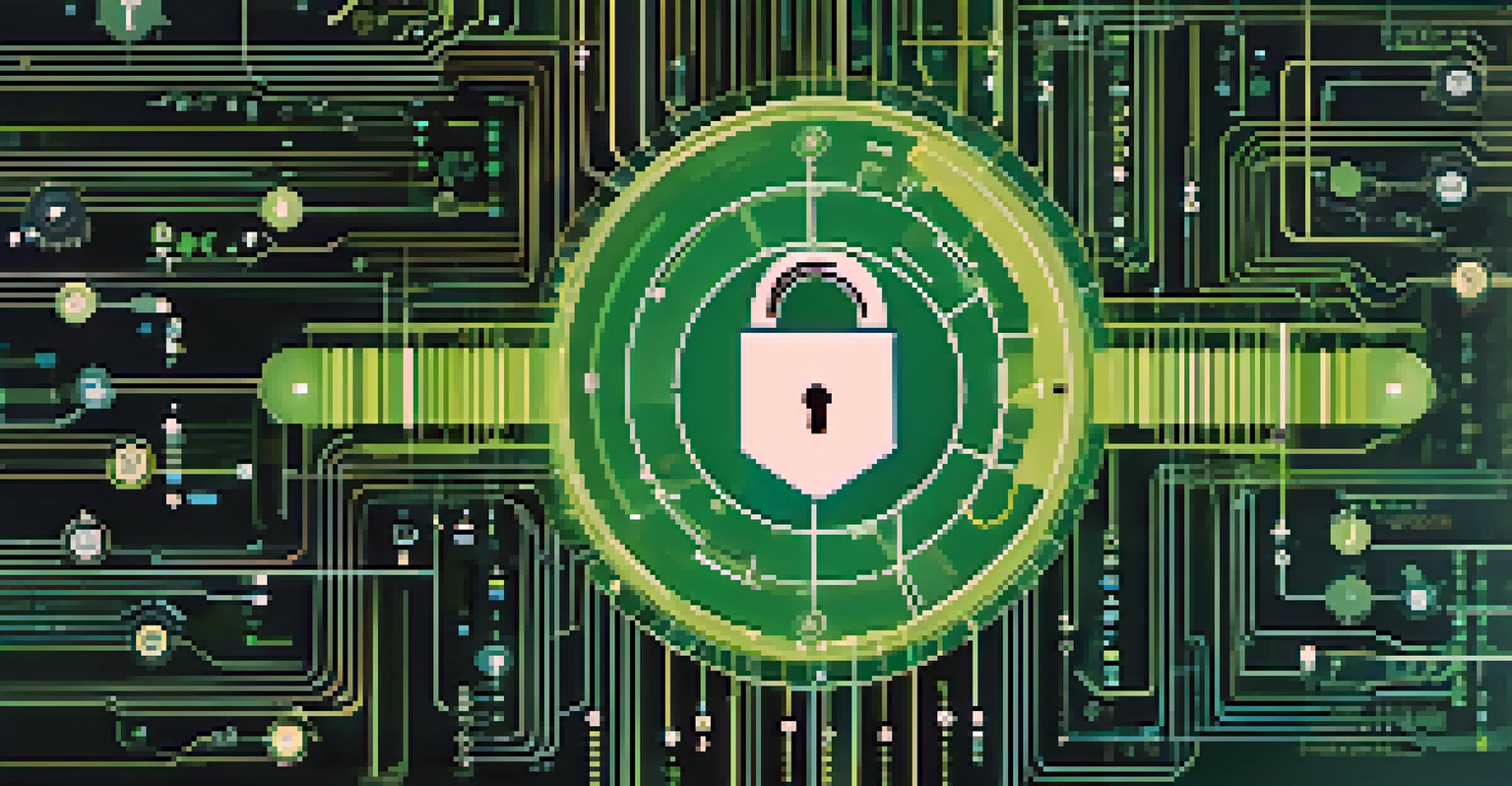 An infographic illustration showing a lock over a digital circuit board, symbolizing data encryption with binary code and cloud icons in the background.