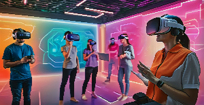 A diverse group of people wearing VR headsets, participating in a virtual reality communication training session in a modern room with colorful graphics around them.