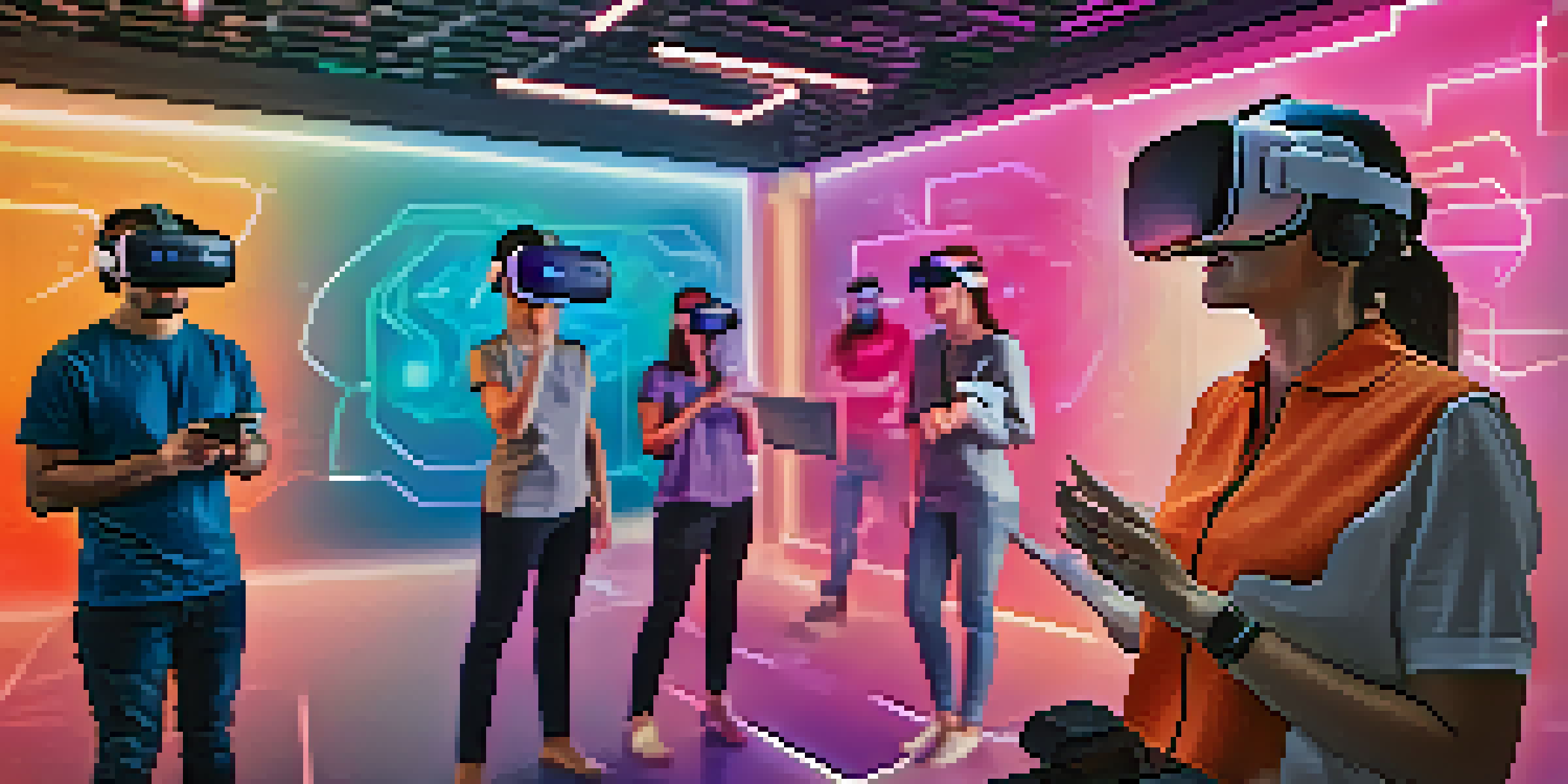 A diverse group of people wearing VR headsets, participating in a virtual reality communication training session in a modern room with colorful graphics around them.