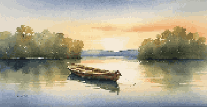 A peaceful lake at sunset with lush trees and a small wooden boat floating on the water.