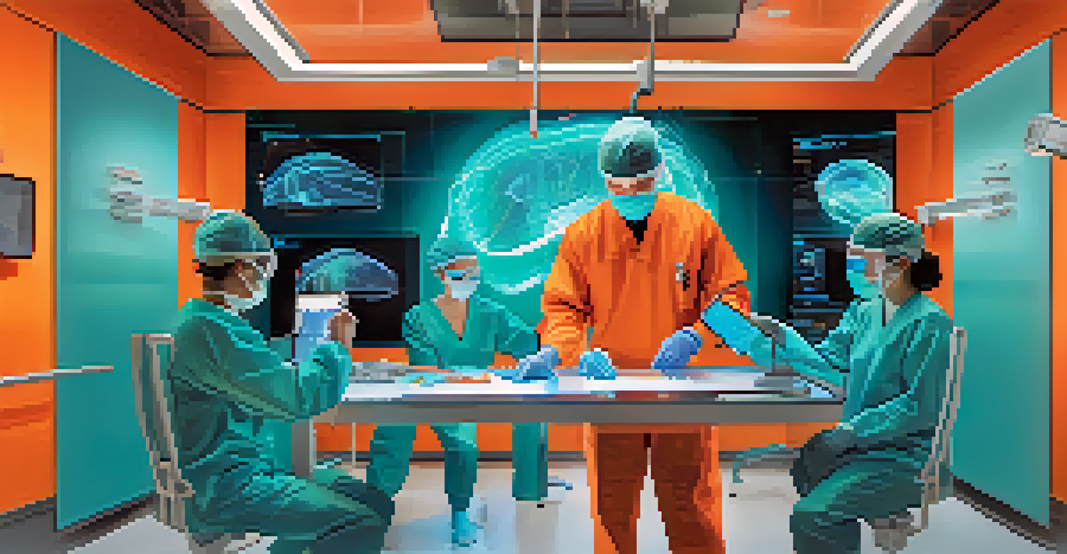 Multiple avatars of surgeons collaborating in a virtual operating room, interacting with digital displays and holographic models.