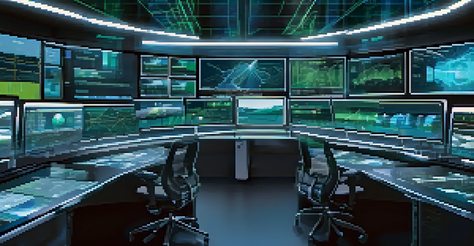 A control room with multiple screens displaying real-time energy management data and holographic city models.