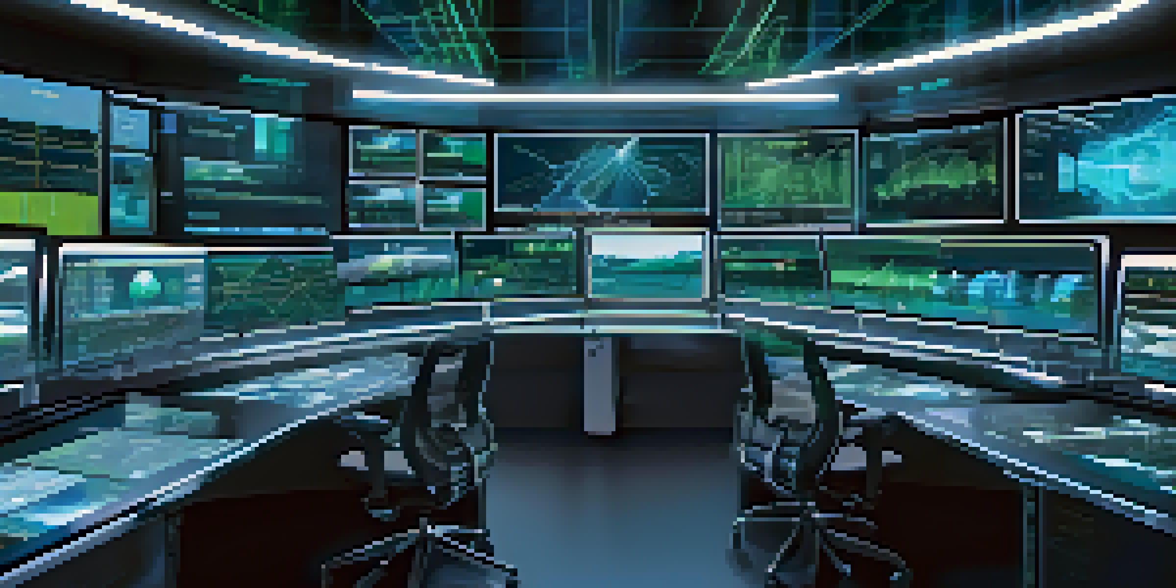 A control room with multiple screens displaying real-time energy management data and holographic city models.