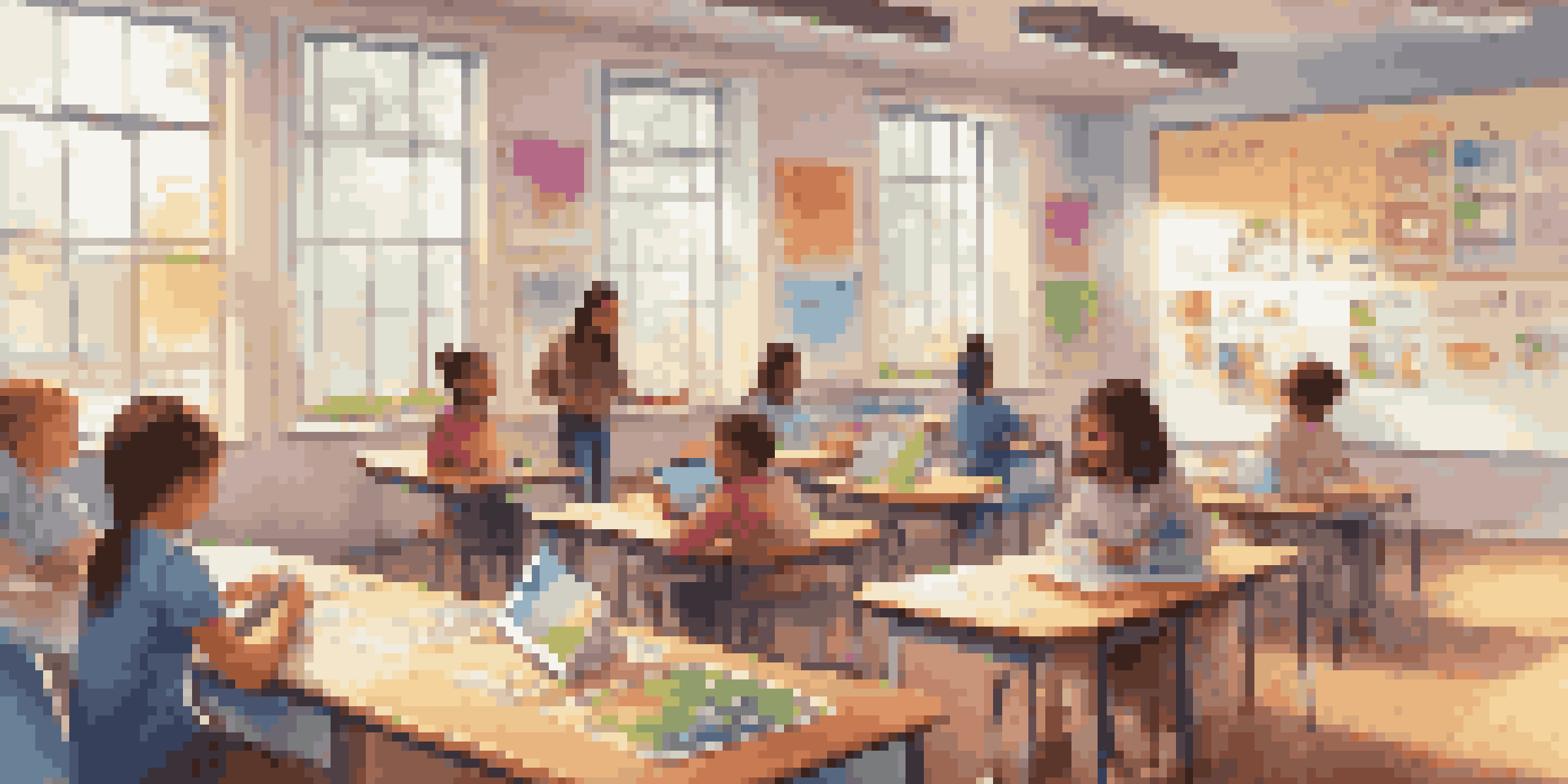 A vibrant classroom scene with students using technology for interactive learning, and a teacher guiding them.