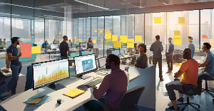 A diverse group of software developers collaborating in a bright office, surrounded by sticky notes and digital screens.