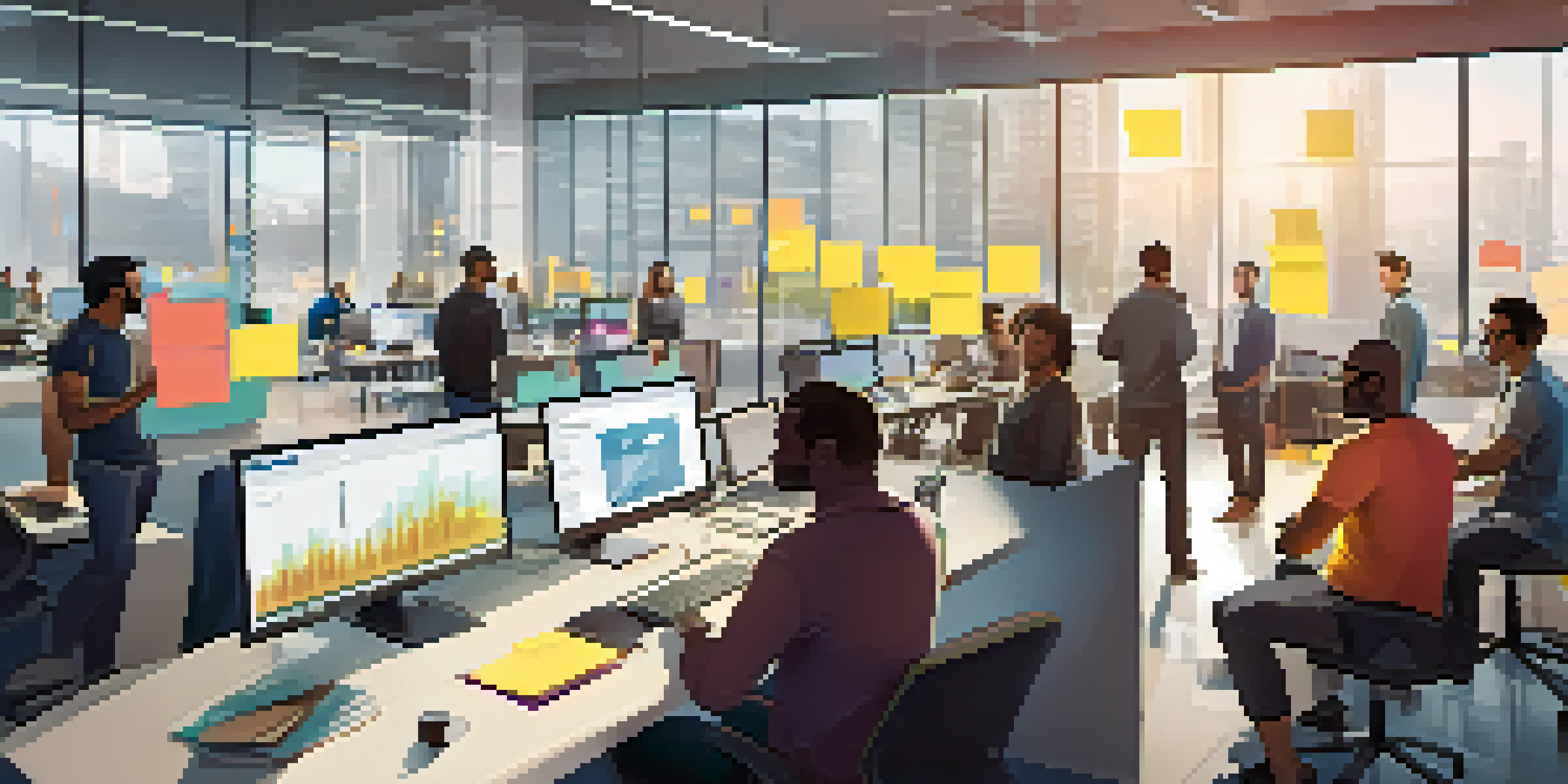 A diverse group of software developers collaborating in a bright office, surrounded by sticky notes and digital screens.