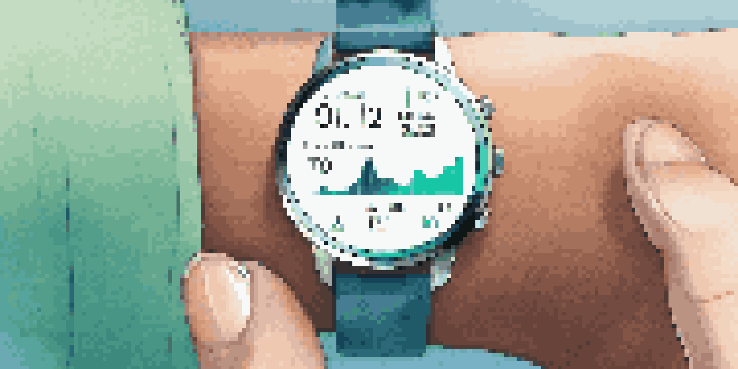 A close-up view of a smartwatch on a wrist, displaying health metrics such as heart rate and steps, against a gradient background.
