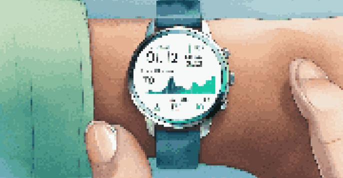 A close-up view of a smartwatch on a wrist, displaying health metrics such as heart rate and steps, against a gradient background.