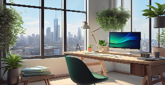 A contemporary office workspace with a wooden desk, laptop, plants, and a city skyline view through large windows.