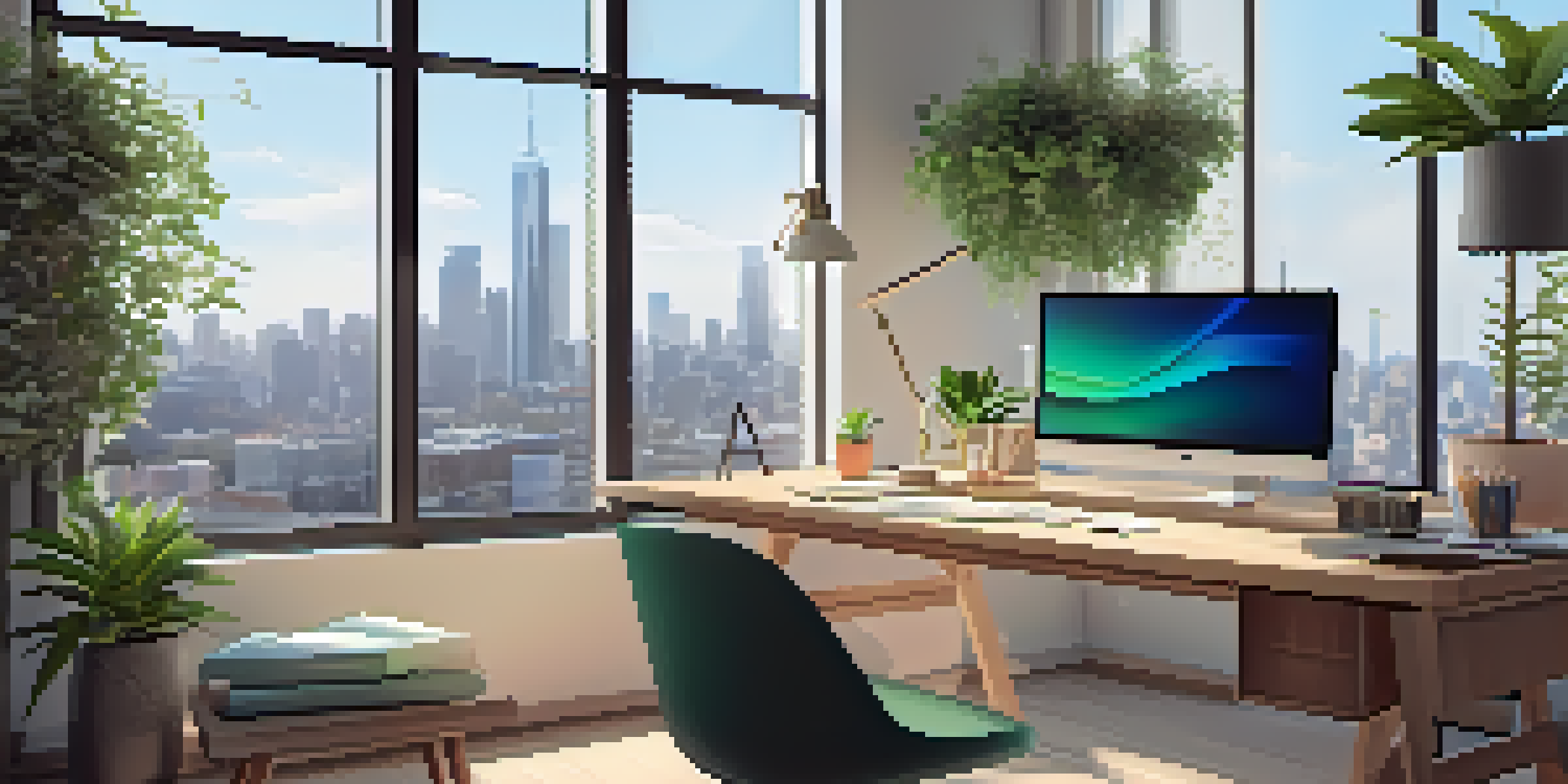 A contemporary office workspace with a wooden desk, laptop, plants, and a city skyline view through large windows.