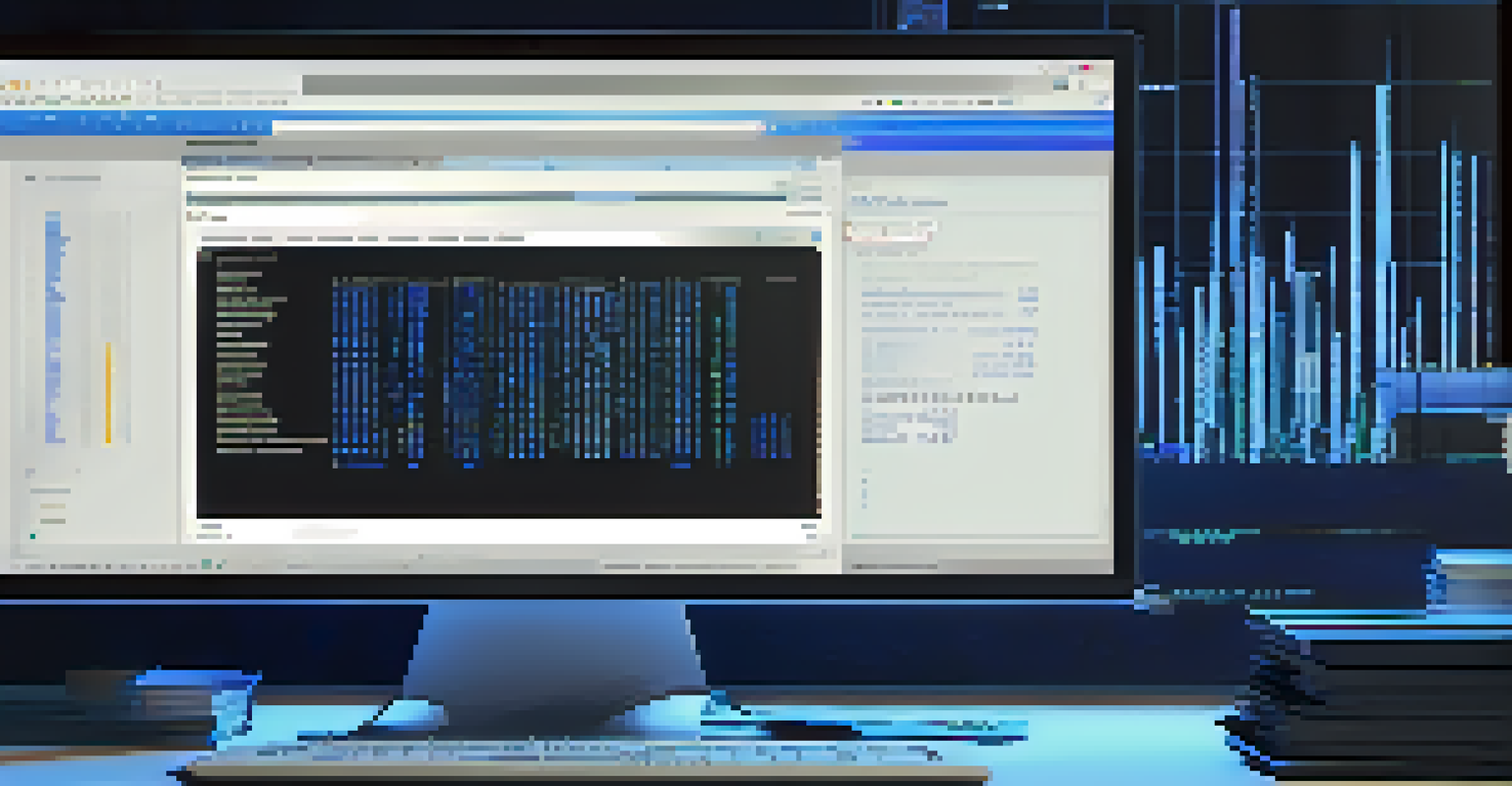 A close-up of a computer screen showing code and security audit logs in a dark-themed workspace with blue lighting.
