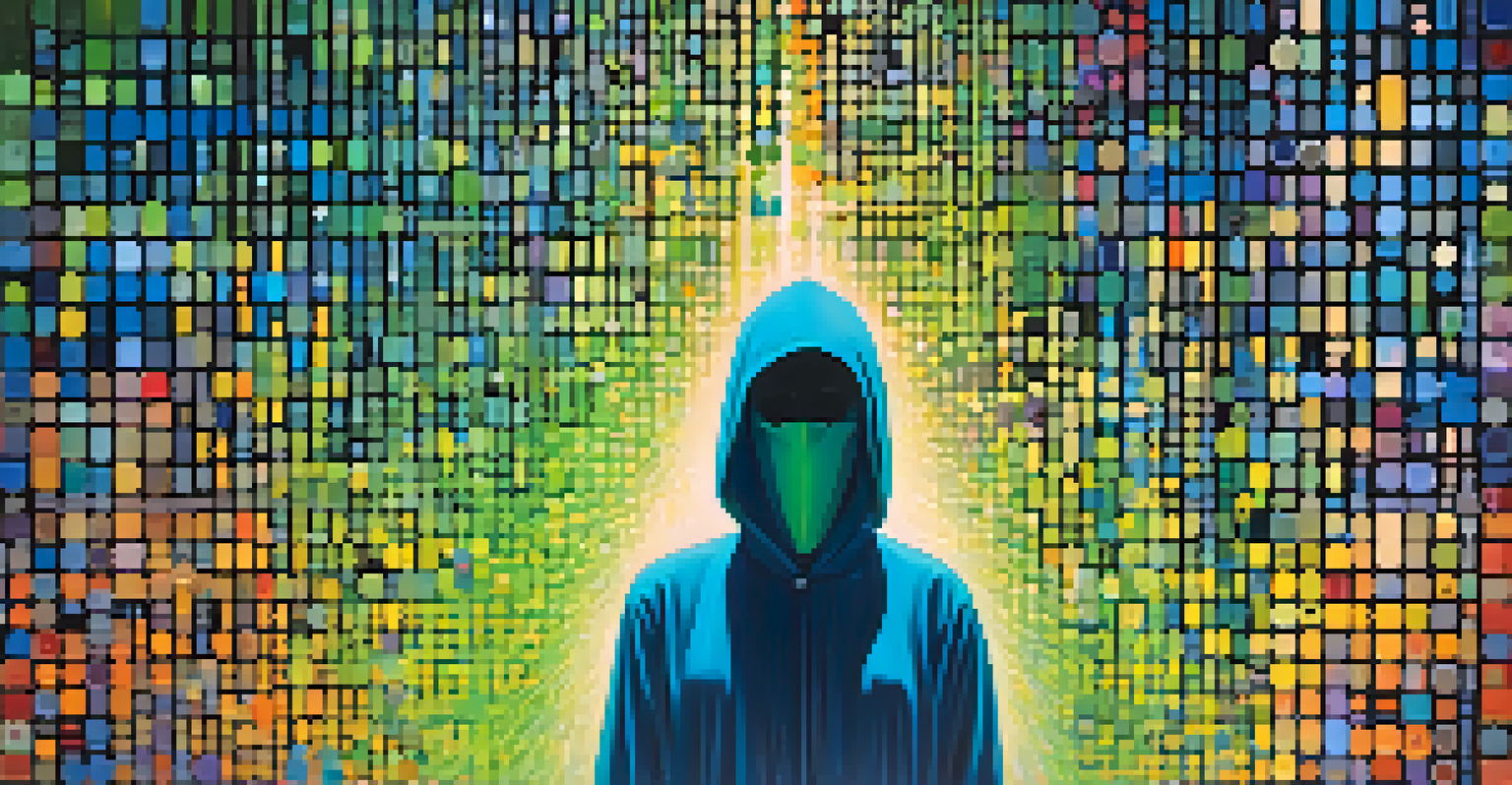 An abstract image showing a masked figure with colorful data streams, symbolizing data anonymization.