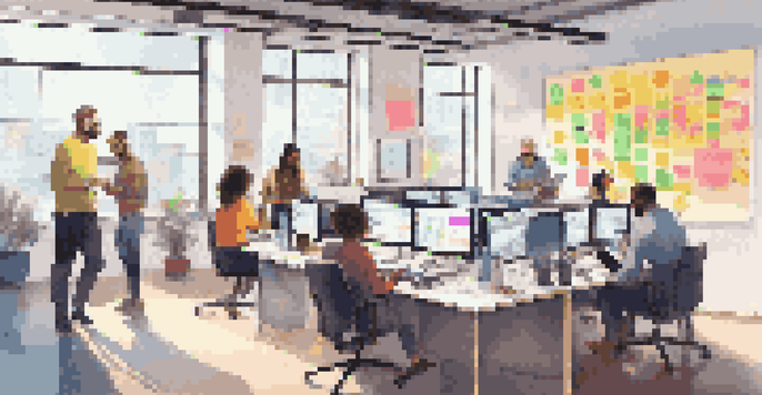 A diverse group of people collaborating in a bright office space with a large touchscreen display and colorful sticky notes.