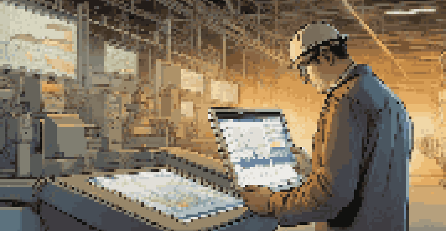 An engineer using a tablet to analyze data in a factory, with machinery in the background and warm lighting.