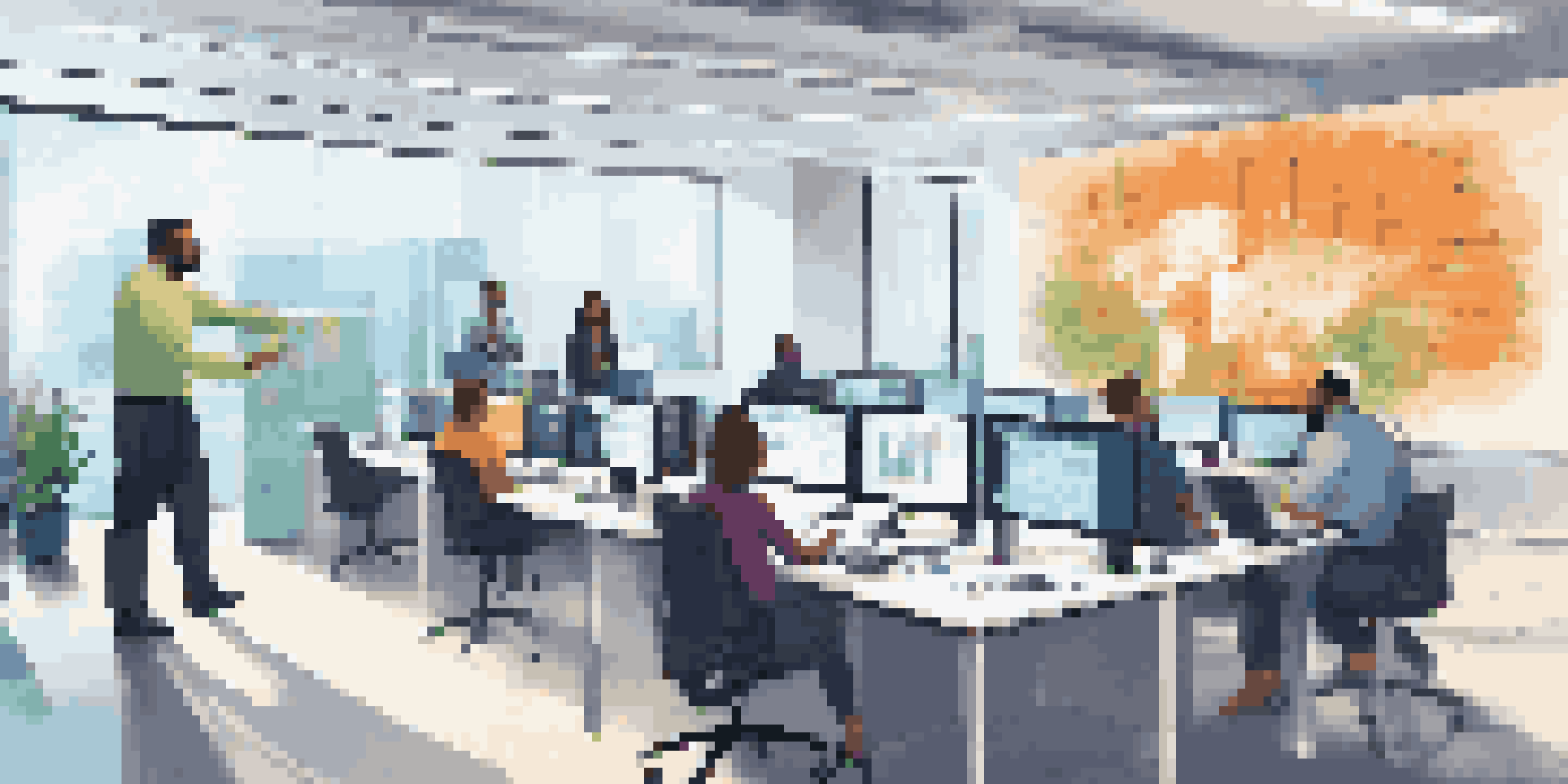 A diverse group of employees in a modern office participating in a cybersecurity training session, with screens showing security graphics.