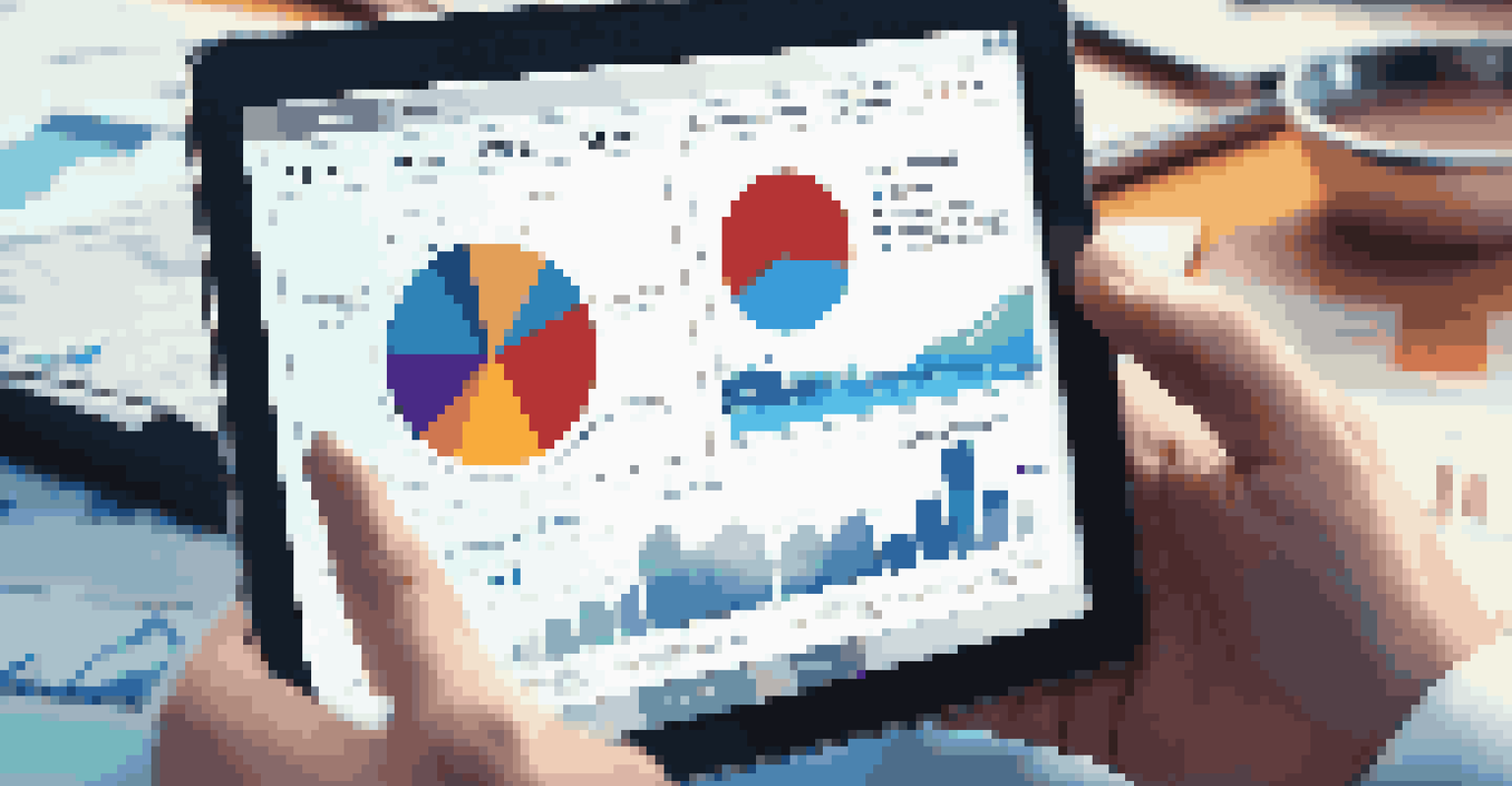 A close-up of a hand holding a tablet with a vibrant data analytics dashboard showing graphs and metrics related to data governance, set against a blurred office background.