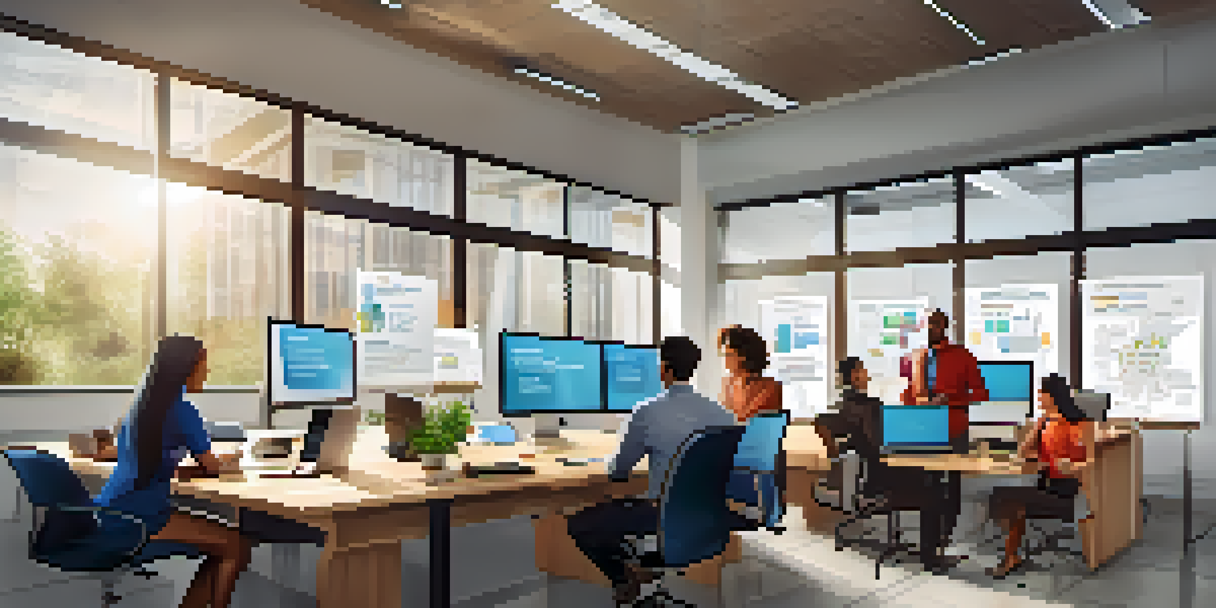A diverse customer support team in a bright modern office engaged in a collaborative meeting, discussing strategies around a wooden table.