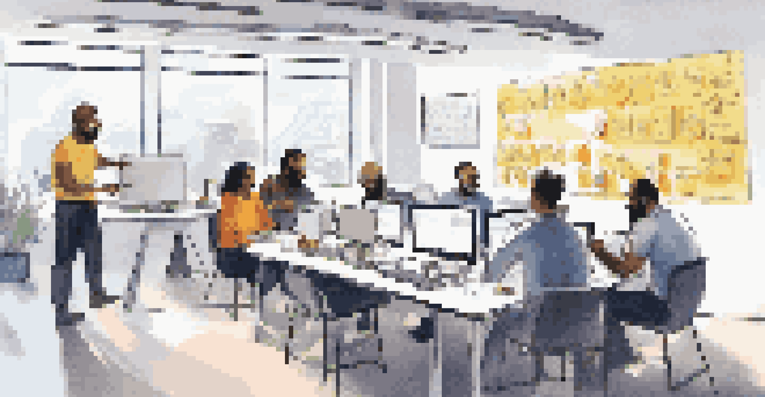 A diverse group of software developers collaborating at a table, discussing UI testing strategies with laptops and sticky notes in a vibrant office environment.