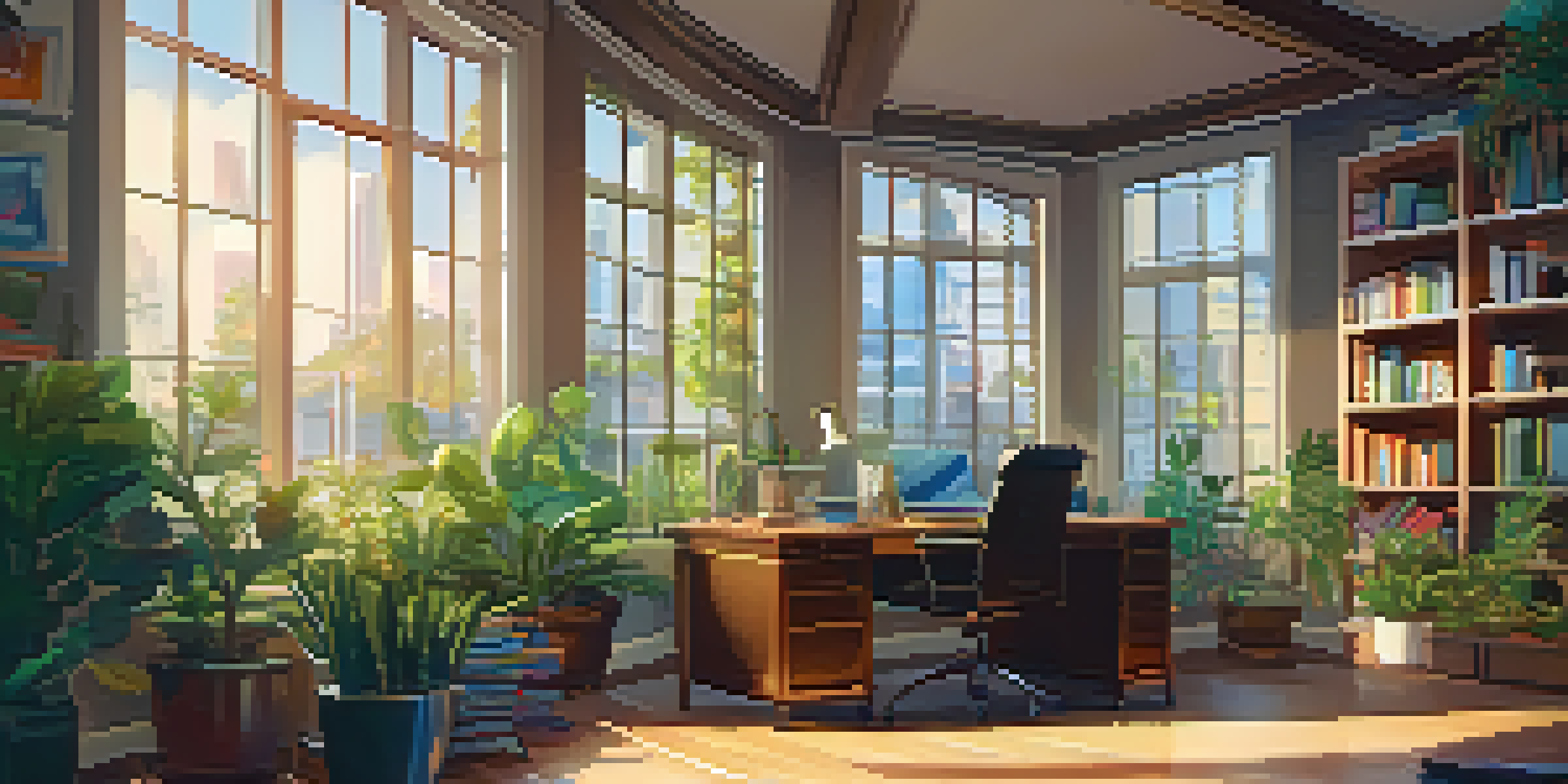 A bright and inviting office workspace with a wooden desk, laptop, plants, and a bookshelf.