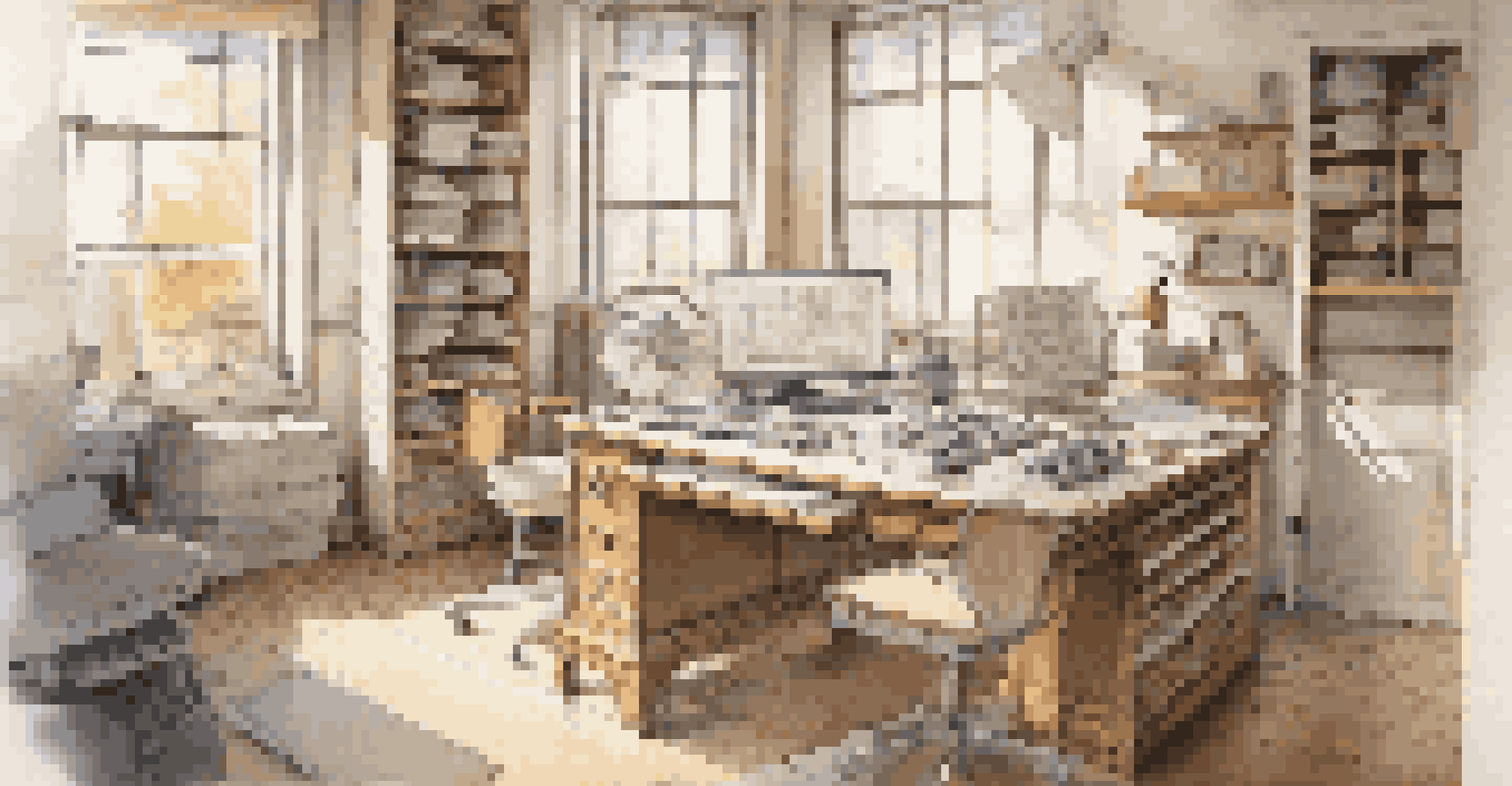 An architect's workspace with a computer displaying a 3D building model and various architectural tools.