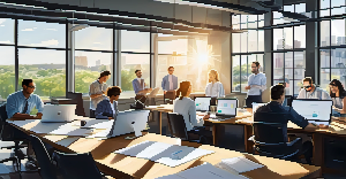 A diverse group of professionals working together in a bright modern office, surrounded by laptops and notes, emphasizing collaboration and innovation.