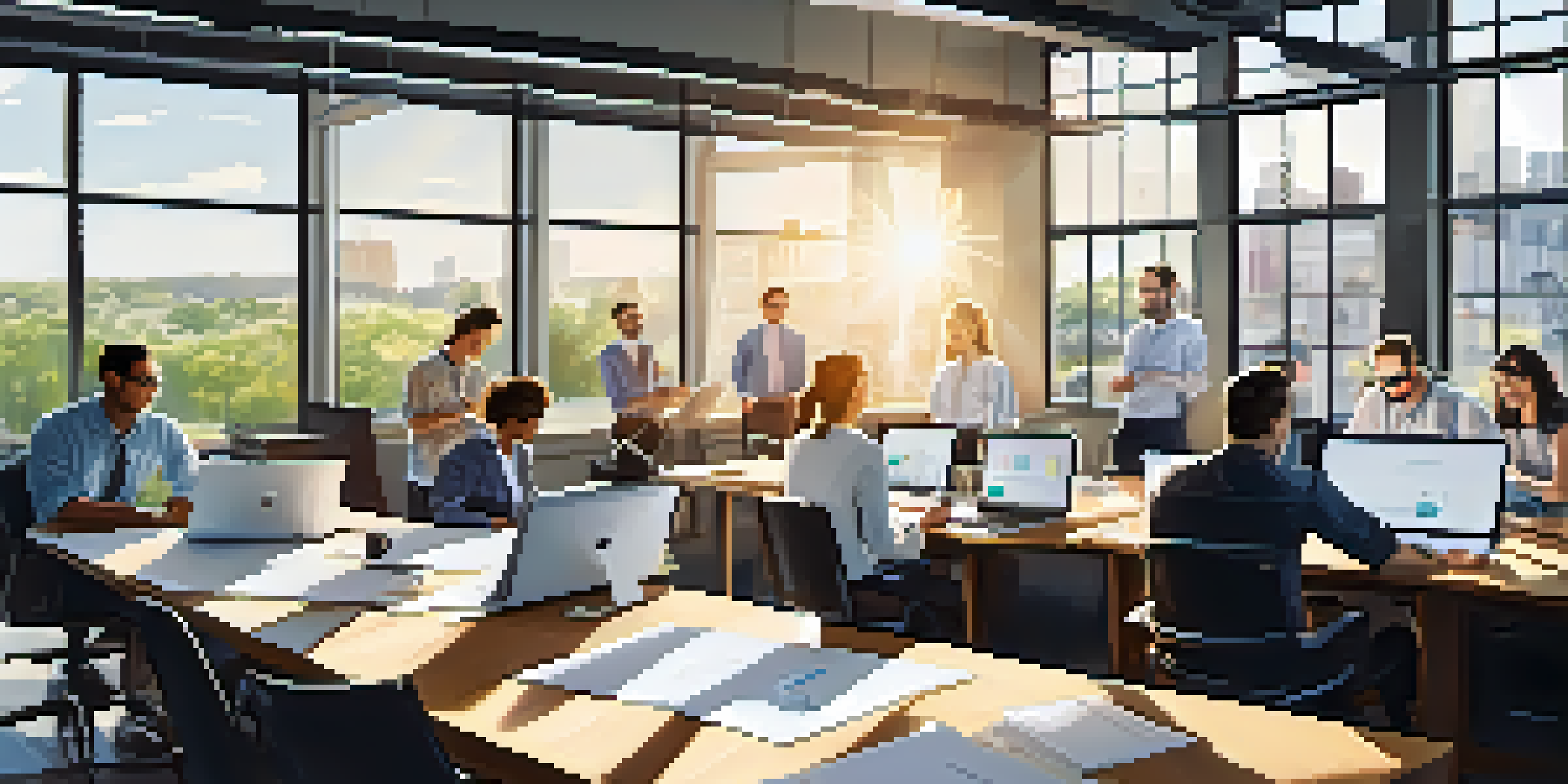 A diverse group of professionals working together in a bright modern office, surrounded by laptops and notes, emphasizing collaboration and innovation.