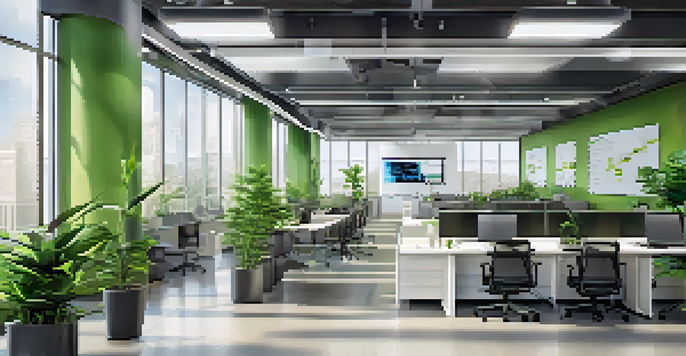 A modern office with computer screens showing real-time data streams and event notifications, bright and lively with green plants.