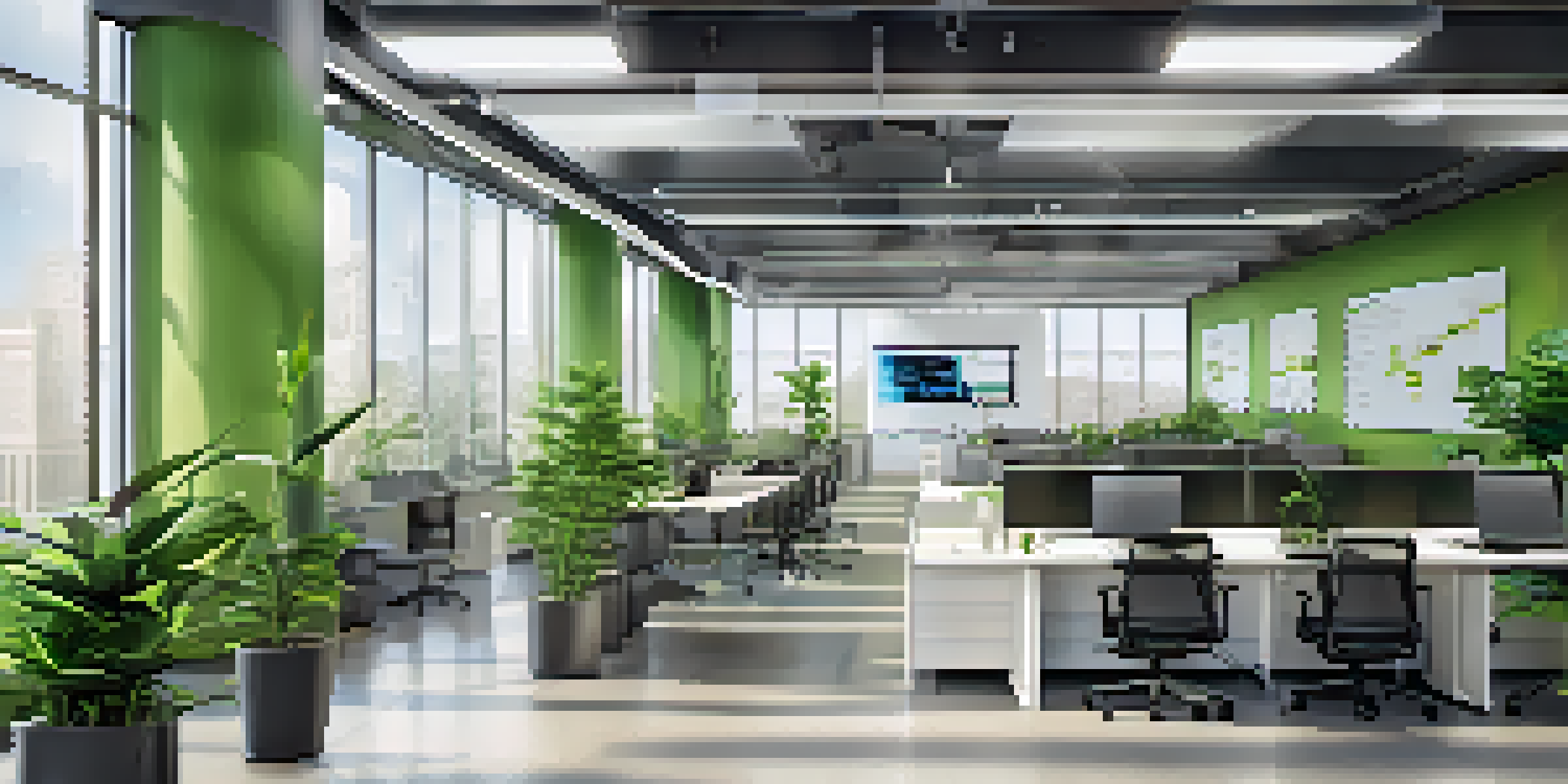 A modern office with computer screens showing real-time data streams and event notifications, bright and lively with green plants.